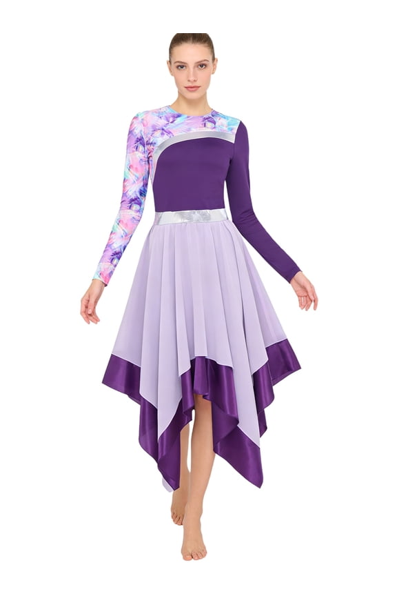 Women Liturgical Praise Dance Dresses Long Sleeve Worship Dancewear Purple XXL