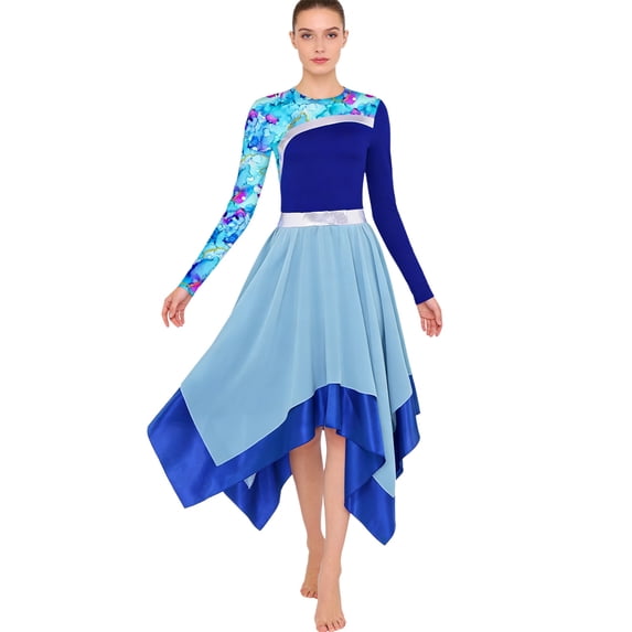 Raenseen Women Liturgical Praise Dance Dresses Long Sleeve Worship Dancewear Royal Blue S