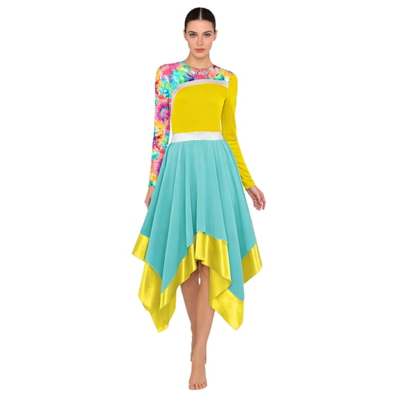 Raenseen Women Liturgical Praise Dance Dresses Long Sleeve Worship Dancewear Yellow 3XL