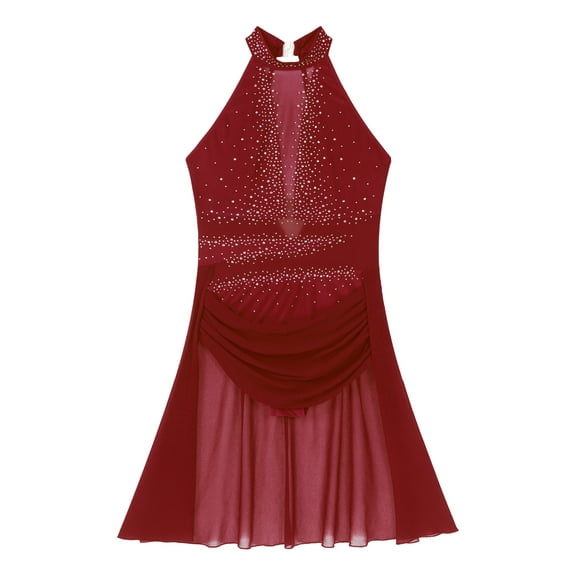 Raenseen Women Lyrical Dance Dress Glittery Rhinestone Ruched Leotard Wrap Skirt Modern Contemporary Burgundy M