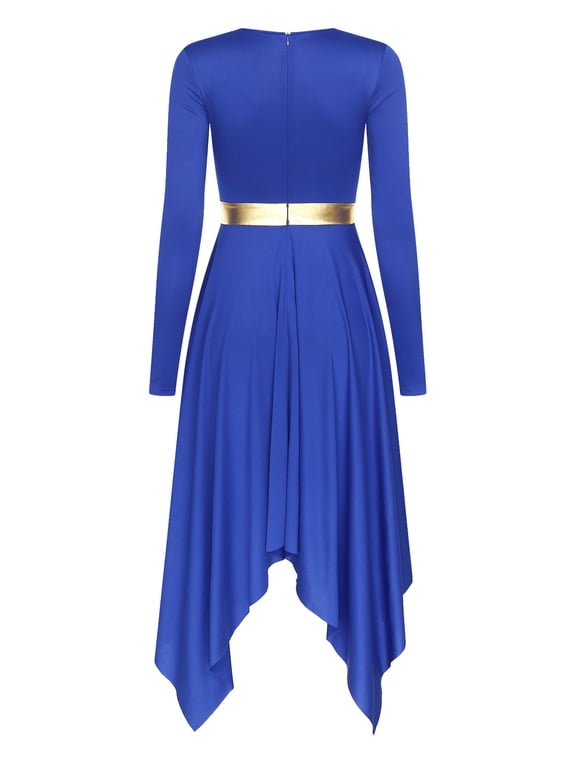 Women Lyrical Dance Dress Metallic Patchwork Worship Praise Dance Tunic Overlay Blue M