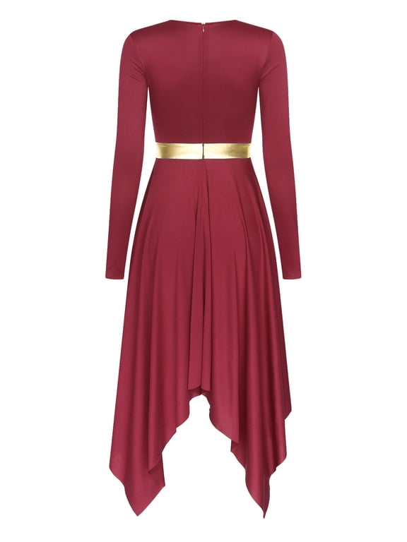 Women Lyrical Dance Dress Metallic Patchwork Worship Praise Dance Tunic Overlay Burgundy S