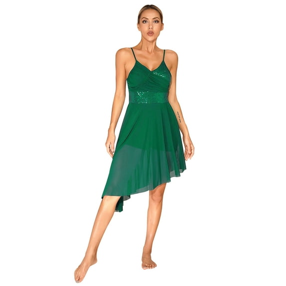 Raenseen Women Lyrical Dance Dress Modern Contemporary Dance Costume Shiny Sequins Mesh High Low Green XL