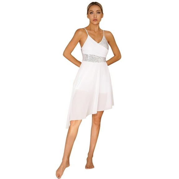 Raenseen Women Lyrical Dance Dress Modern Contemporary Dance Costume Shiny Sequins Mesh High Low White XL
