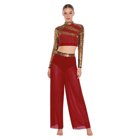Raenseen Women Lyrical Dance Outfits Sets Sequins Rhinestones Crop Top with Mesh Sheer Pants Burgundy M