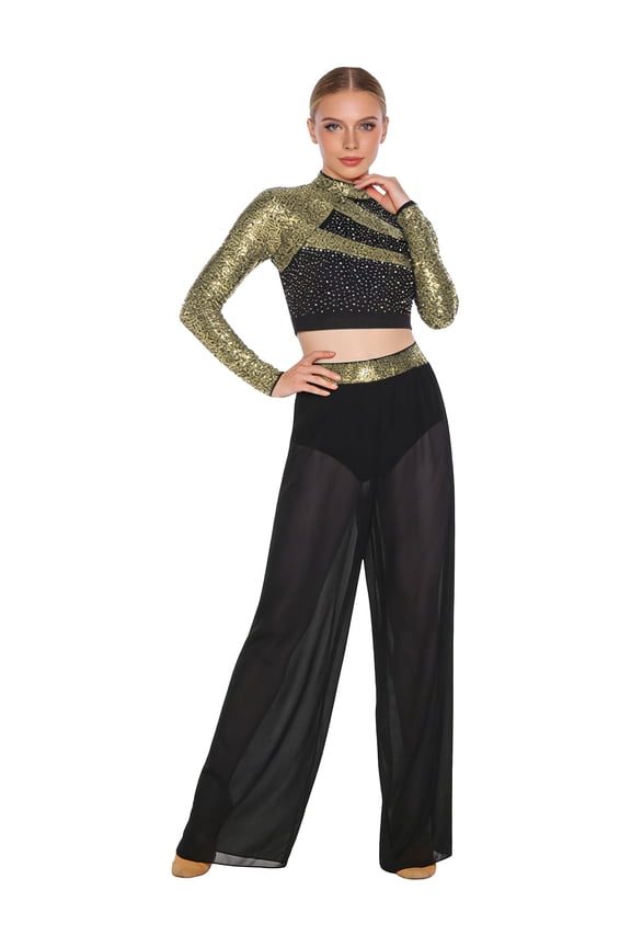 Women Lyrical Dance Outfits Sets Sequins Rhinestones Crop Top with Mesh Sheer Pants Gold M