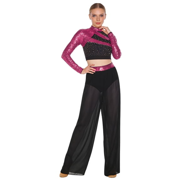 Raenseen Women Lyrical Dance Outfits Sets Sequins Rhinestones Crop Top with Mesh Sheer Pants Hot Pink S