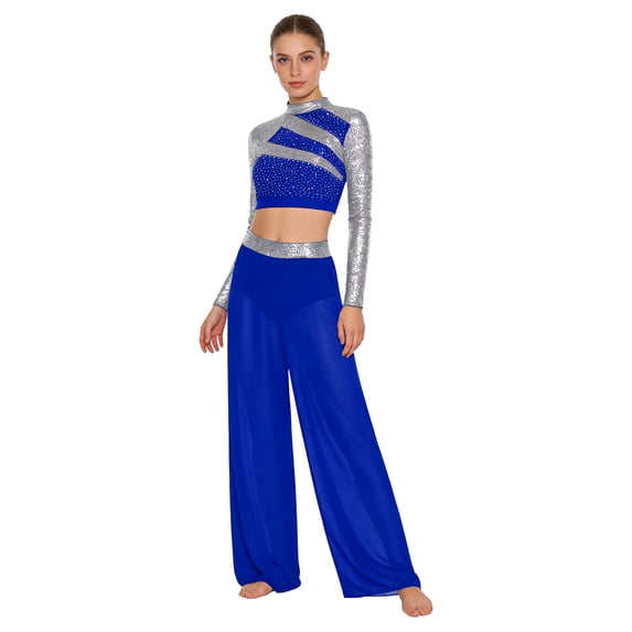 Raenseen Women Lyrical Dance Outfits Sets Sequins Rhinestones Crop Top with Mesh Sheer Pants Royal Blue M