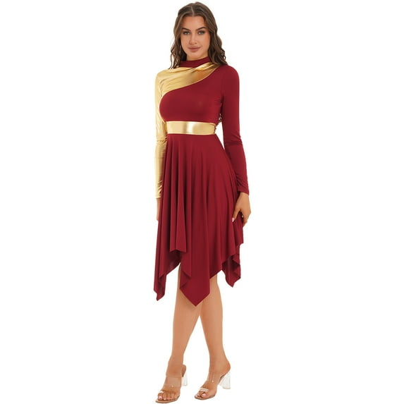 Raenseen Women Metallic Color Block Church Praise Dance Dress Worship Liturgical Tunic Lyrical Burgundy XXL