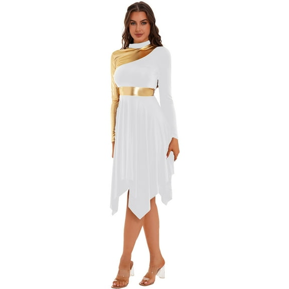 Raenseen Women Metallic Color Block Church Praise Dance Dress Worship Liturgical Tunic Lyrical White M