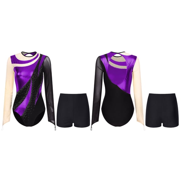 Raenseen Women Metallic Gymnastic Leotard With Shorts Ballet Dance Bodysuit Ballerina Dancewear Purple S