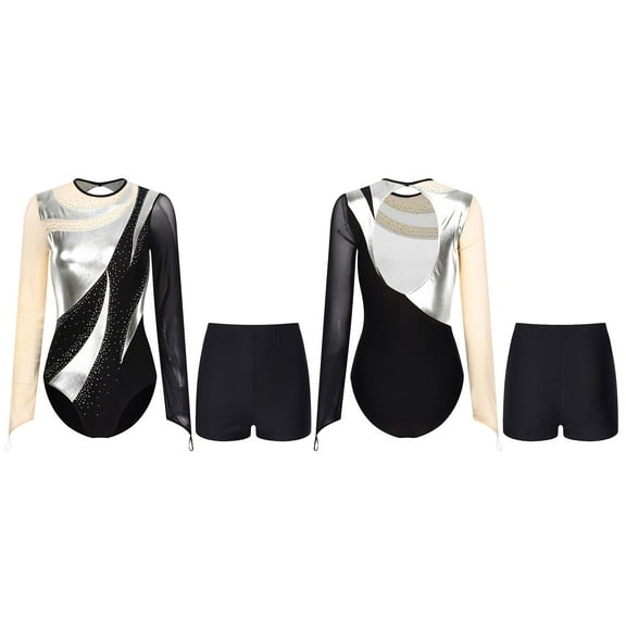 Raenseen Women Metallic Gymnastic Leotard With Shorts Ballet Dance Bodysuit Ballerina Dancewear Silver L