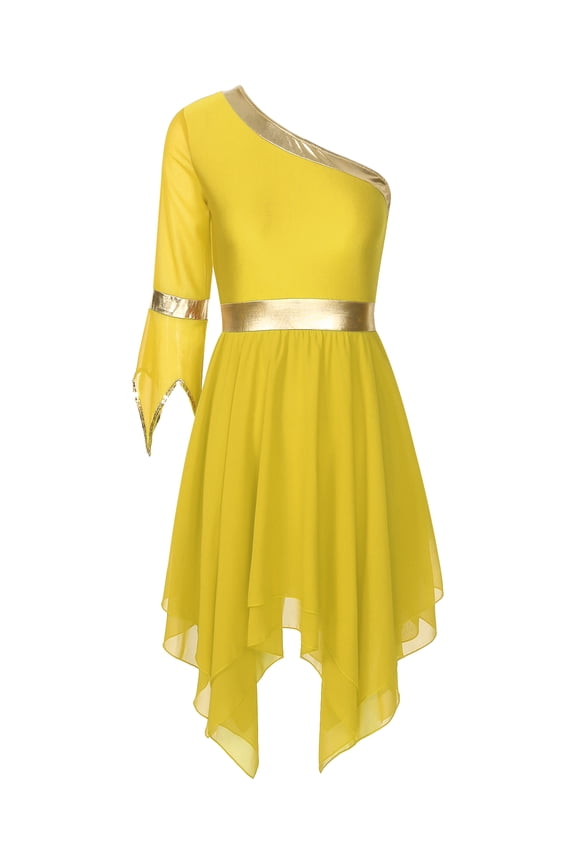 Women Praise Dance Dress Irregular Hem Liturgical Dresses Worship Dance Overlays and Tunics Yellow M