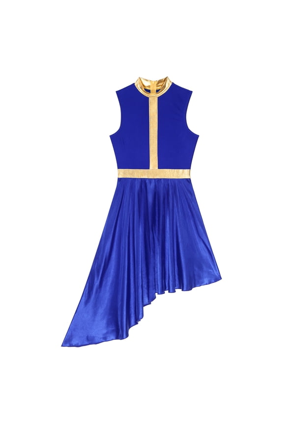 Women Praise Dance Dresses Liturgical Worship Metallic Shiny Flowy Asymmetrical Hem Costume Royal Blue L