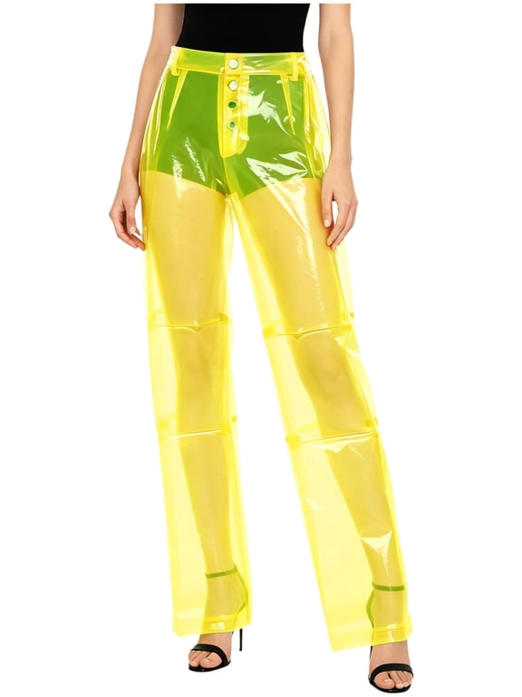 Women Pvc Pants High Waist Wide Leg Straight Trousers Yellow M