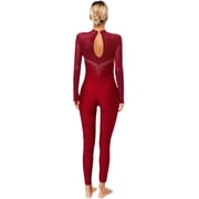 Raenseen Women Rhinestone Ballet Gymnastics Unitard One Piece Dance Bodysuits Acrobatics Uniforms Burgundy M
