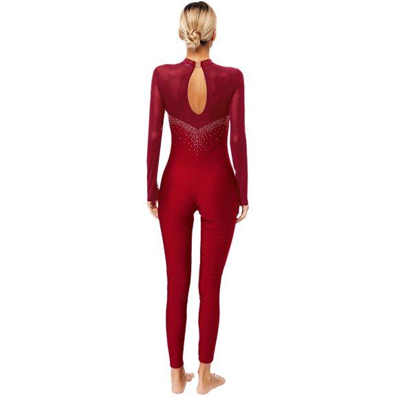 Raenseen Women Rhinestone Ballet Gymnastics Unitard One Piece Dance Bodysuits Acrobatics Uniforms Burgundy M
