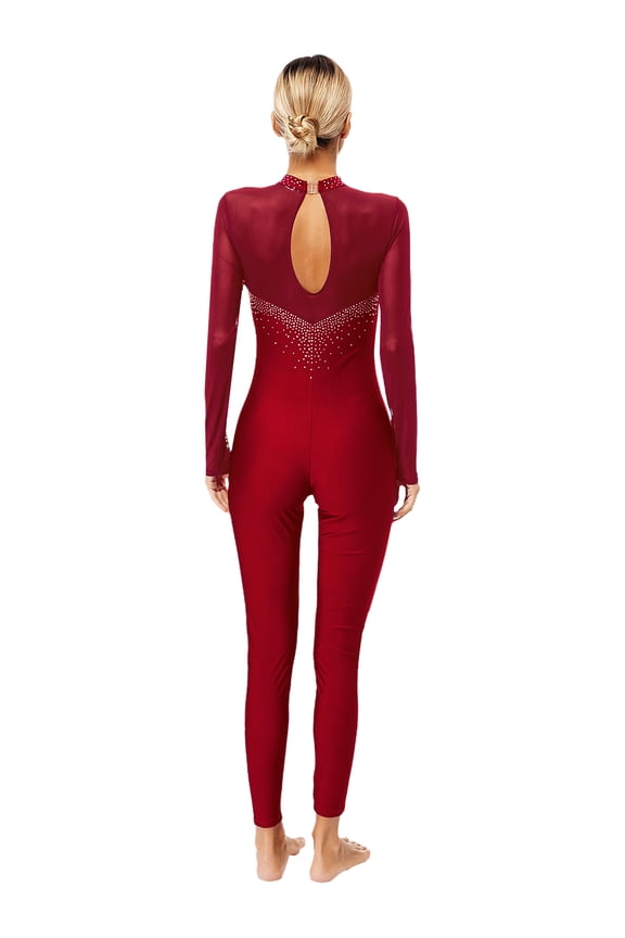 Women Rhinestone Ballet Gymnastics Unitard One Piece Dance Bodysuits Acrobatics Uniforms Burgundy M