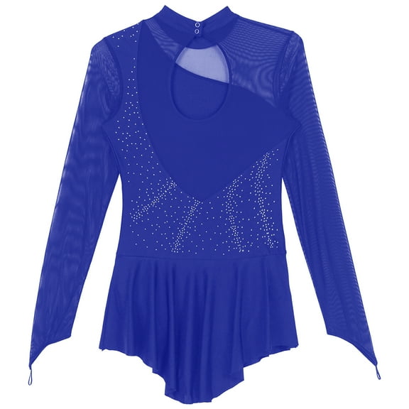 Raenseen Women Rhinestone Figure Ice Skating Dance Dress Long Sleeve Ballet Leotard Lyrical Dance Royal Blue S