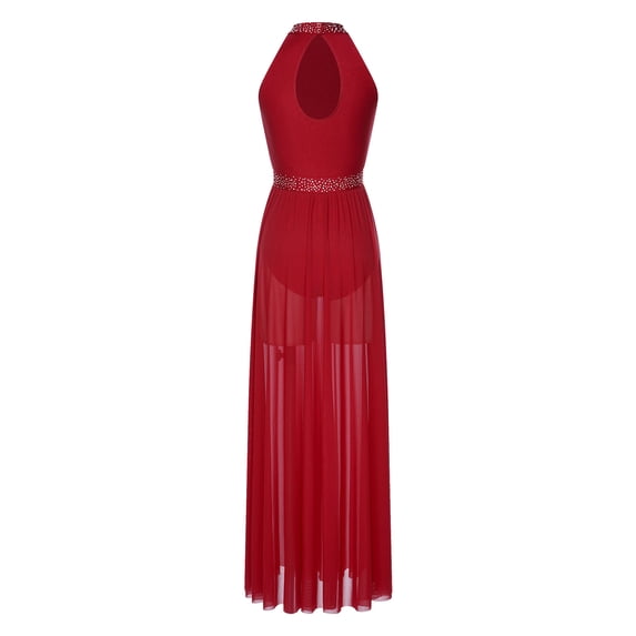 Raenseen Women Rhinestone Long Lyrical Dance Dress Sleeveless Side Split Mesh Flowy Maxi Dress Burgundy M