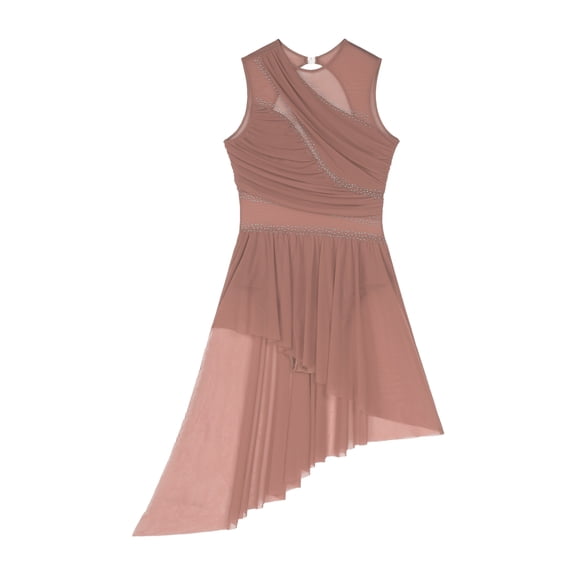 Raenseen Women Rhinestone Lyrical Dance Dress Irregular Flowy Tulle Skirt Leotard Gymnastic Unitard Dusty Pink XL