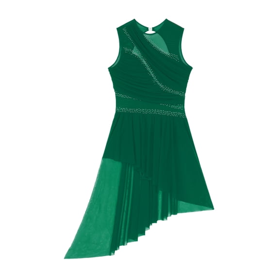 Raenseen Women Rhinestone Lyrical Dance Dress Irregular Flowy Tulle Skirt Leotard Gymnastic Unitard Green XXL