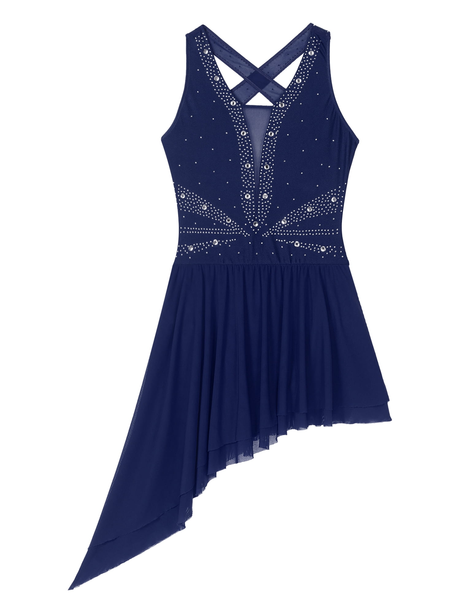 Aislor Women's Rhinestone Figure Skating Costume Sheer Mesh Long Sleeve Ballet Dance Gymnastics Leotard White M