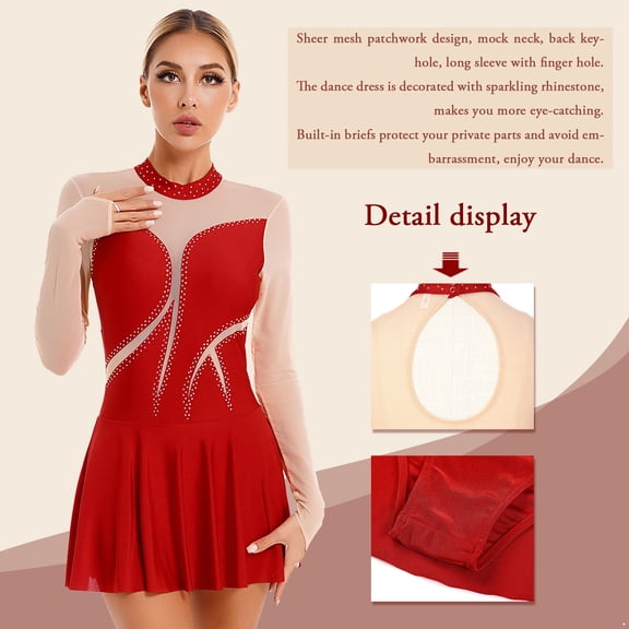 Raenseen Women Rhinestone Mesh Patchwork Ballet Lyrical Dance Leotard Figure Skating Dress Party Royal Blue XL