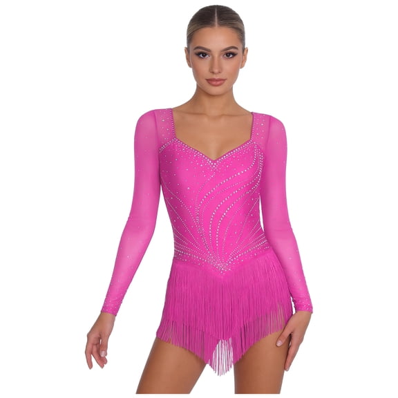Raenseen Women Rhinestones Latin Dance Gymnastics Leotards Figure Skating Dress Hot Pink S