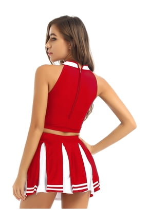 Women School Girls Cheer Leader Uniform Cosplay Costume Back Criss Cross Crop Top with Red M