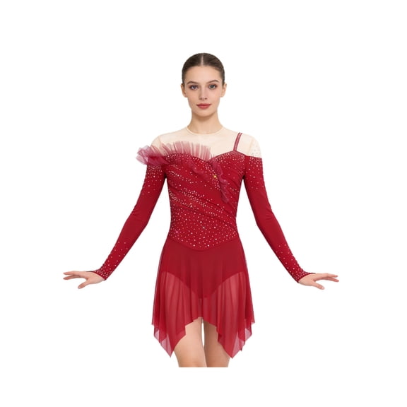 Raenseen Women Shiny Rhinestone Lyrical Dance Dress Ruffled Ballet Leotard Tulle Dress Figure Skating Dresses Burgundy S