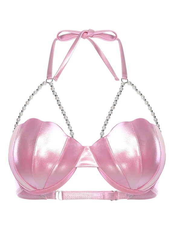 Women Shiny Shell Bra Tops Summer Bikini Beach Halter Neck Bra Tops for Swimming Swimwear Light Pink XL