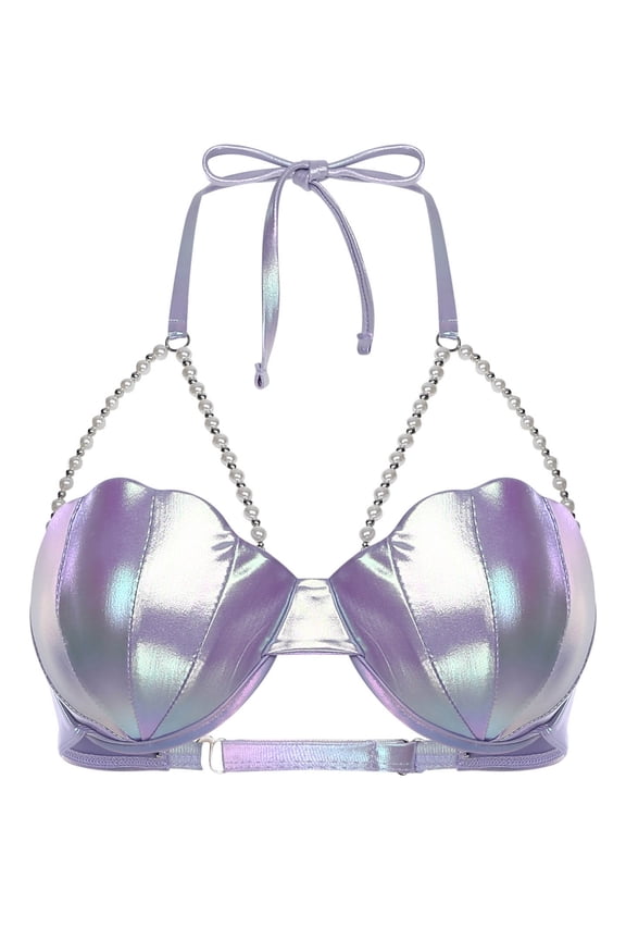 Women Shiny Shell Bra Tops Summer Bikini Beach Halter Neck Bra Tops for Swimming Swimwear Purple M