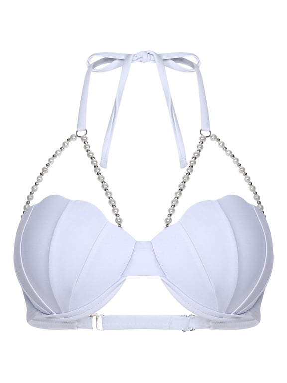 Women Shiny Shell Bra Tops Summer Bikini Beach Halter Neck Bra Tops for Swimming Swimwear White M