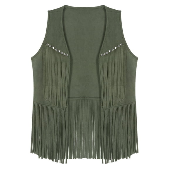 Raenseen Women Tassel Fringe Vest 70s Hippie Faux Suede Rivets Sleeveless Jacket Cardigan Tops Army Green S