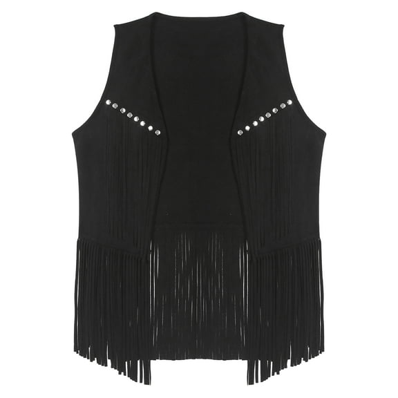 Raenseen Women Tassel Fringe Vest 70s Hippie Faux Suede Rivets Sleeveless Jacket Cardigan Tops Black M