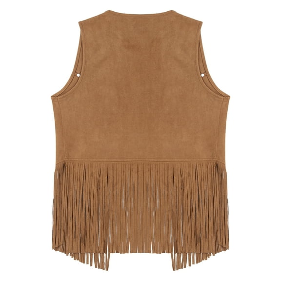 Raenseen Women Tassel Fringe Vest 70s Hippie Faux Suede Rivets Sleeveless Jacket Cardigan Tops Brown M
