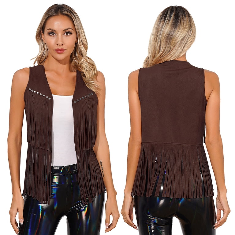 Raenseen Women Tassel Fringe Vest 70s Hippie Faux Suede Rivets