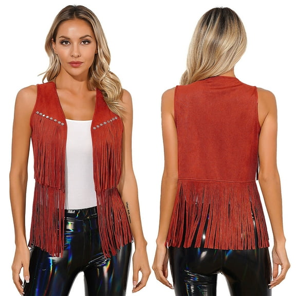 Raenseen Women Tassel Fringe Vest 70s Hippie Faux Suede Rivets Sleeveless Jacket Cardigan Tops Red S