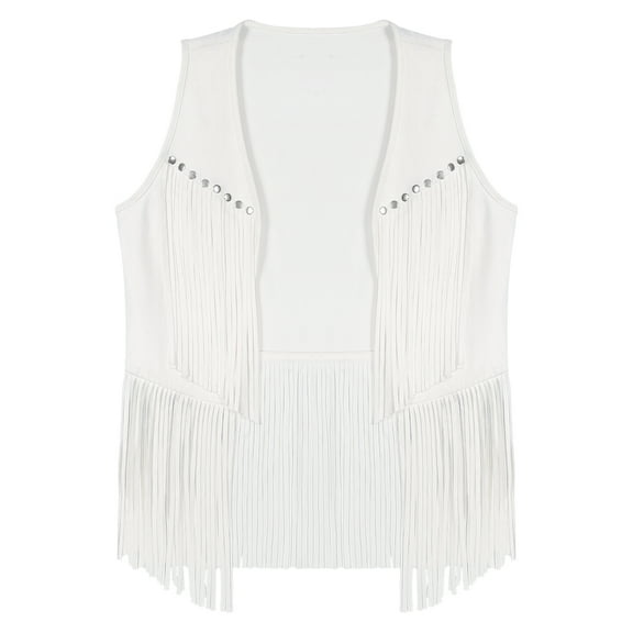 Raenseen Women Tassel Fringe Vest 70s Hippie Faux Suede Rivets Sleeveless Jacket Cardigan Tops White L