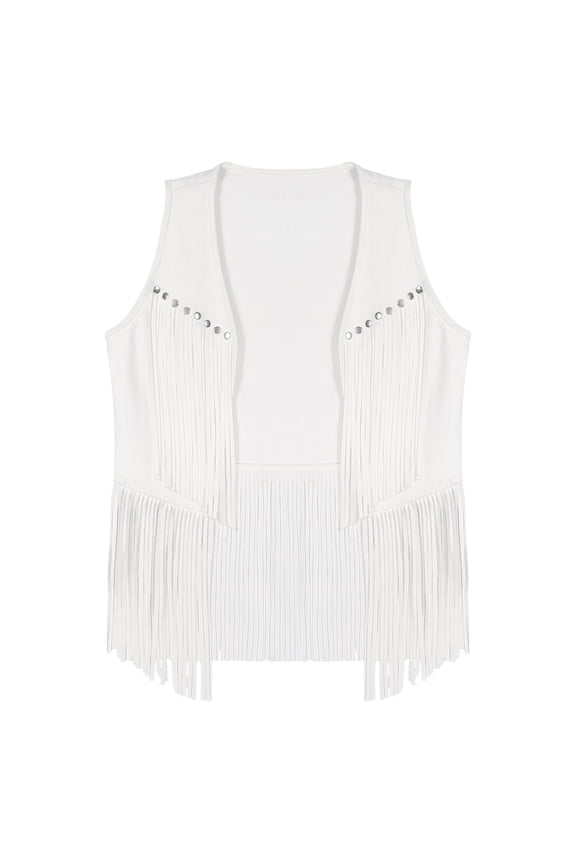 Women Tassel Fringe Vest 70s Hippie Faux Suede Rivets Sleeveless Jacket Cardigan Tops White L