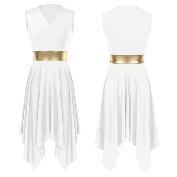 Raenseen Women's Asymmetrical Praise Dance Tunic Sleeveless Worship Lyrical Dance Dress Overlay White S