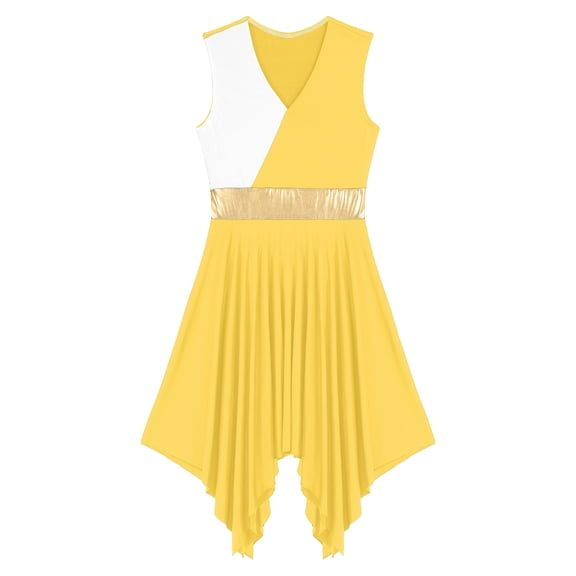 Raenseen Women's Asymmetrical Praise Dance Tunic Sleeveless Worship Lyrical Dance Dress Overlay Yellow L