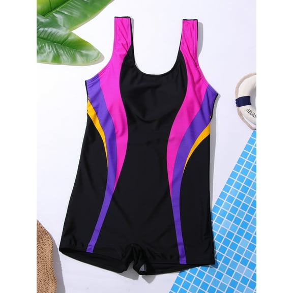 Raenseen Women's Boyleg One Piece Swimsuit Athletic Sports Training Swimwear UPF 50  Sun Protection Black&Rose Red XL/S