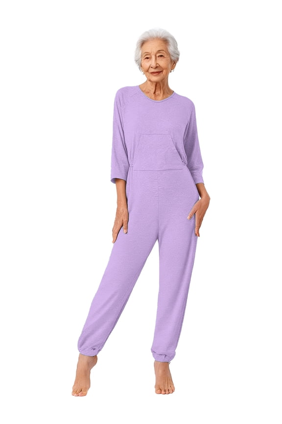 Women's Dementia Clothing Alzheimers Elderly Anti-Strip Jumpsuit Long Sleeve Nursing Rompers Lavender L