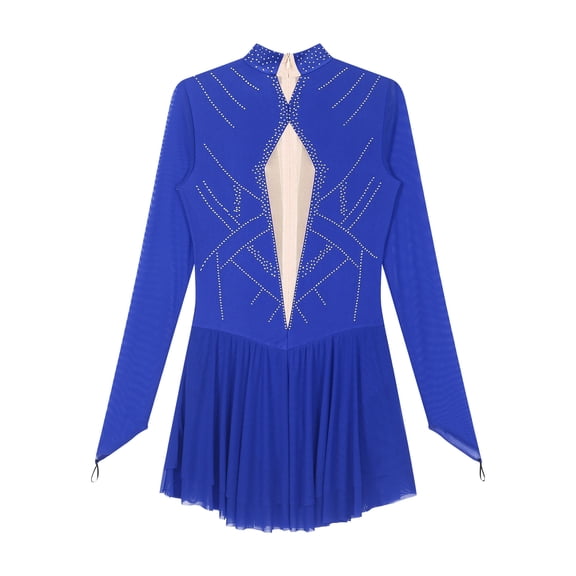 Raenseen Women's Figure Ice Skating Dress Long Sleeves Roller Skating Gymnastics Leotard Competition Blue M