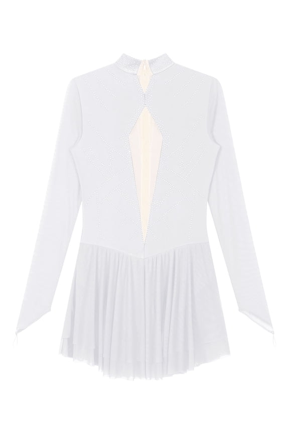 Women's Figure Ice Skating Dress Long Sleeves Roller Skating Gymnastics Leotard Competition White XL