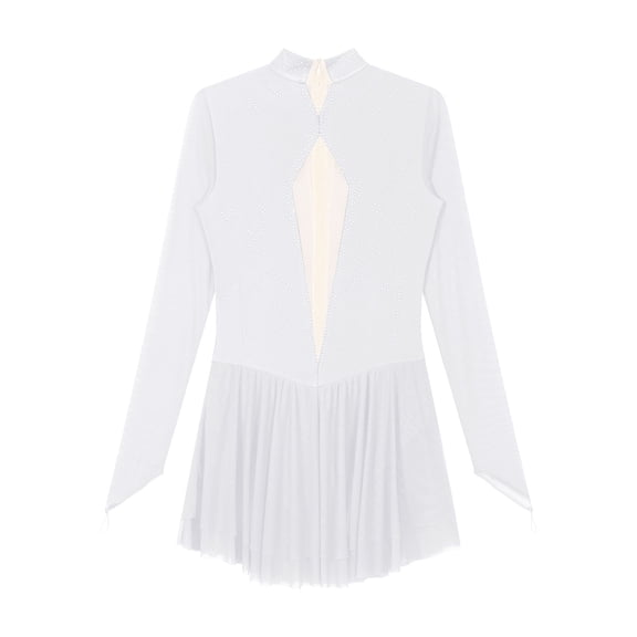 Raenseen Women's Figure Ice Skating Dress Long Sleeves Roller Skating Gymnastics Leotard Competition White XL