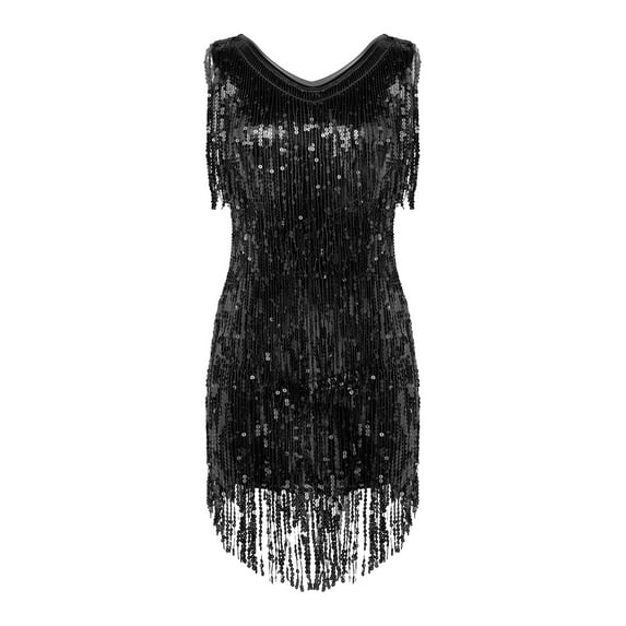Raenseen Women's Flapper Dresses Fringed 1920s Sequins Formal Swing Cocktail Party Dress Black M