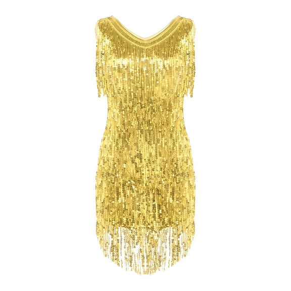 Raenseen Women's Flapper Dresses Fringed 1920s Sequins Formal Swing Cocktail Party Dress Gold L